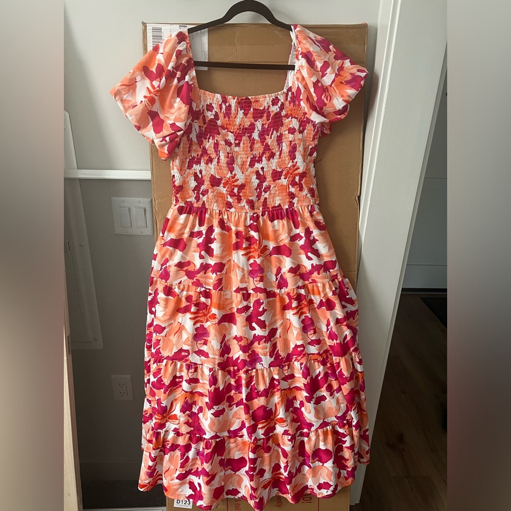 PrettyGarden Orange and Pink, tiered puff sleeve dress, Size XL
